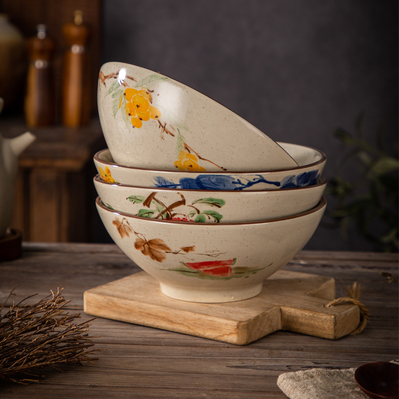 Ink Painting Style Vintage Ceramic Conical Bowl, Underglaze Color Tableware, High-End Niche Household Tall Rice Bowl