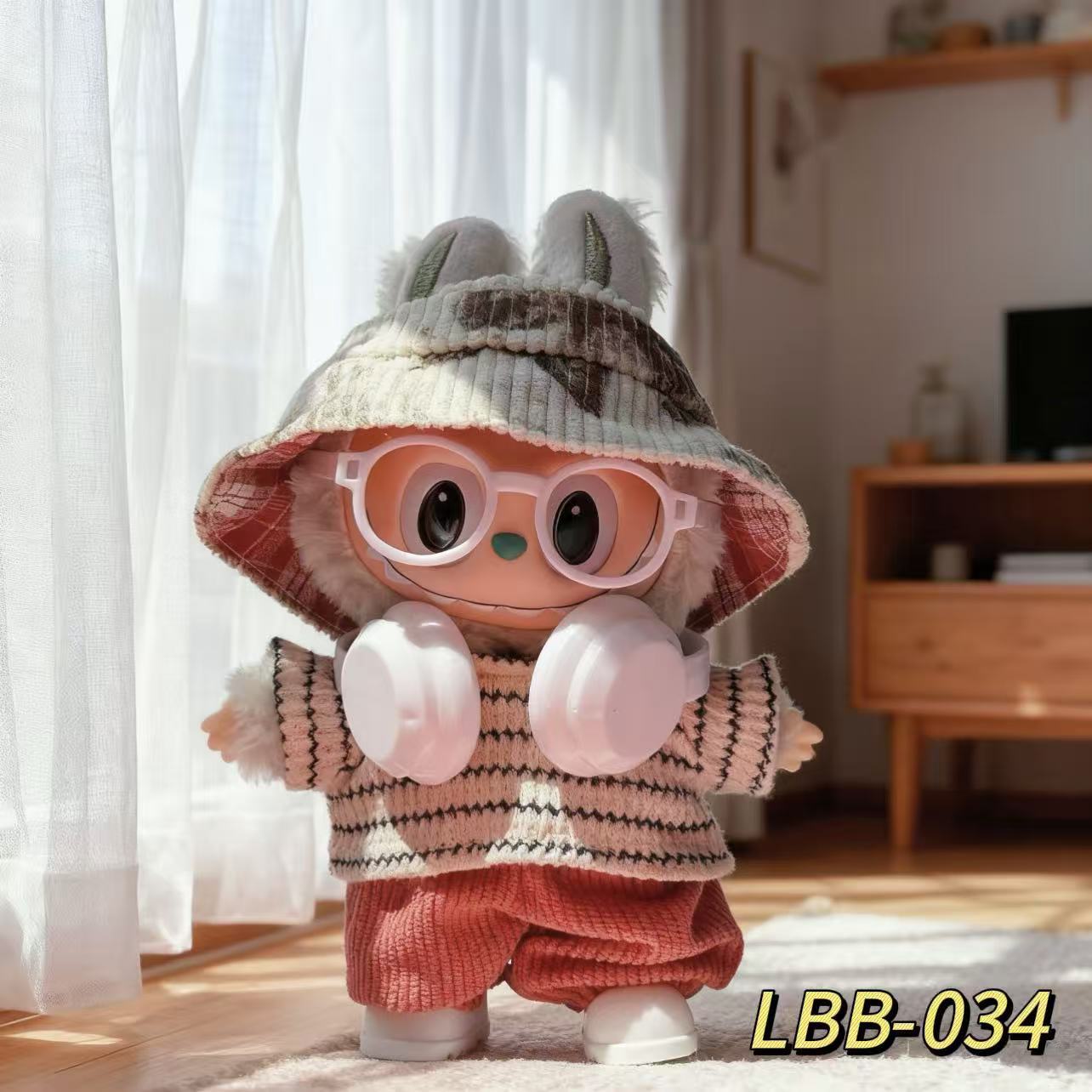 Solo las muñecas de 17cm labubu auriculares, gafas y zapatos envueltos en un paquete completo de reemplazo con ropa de primera, segunda y tercera generación labubu