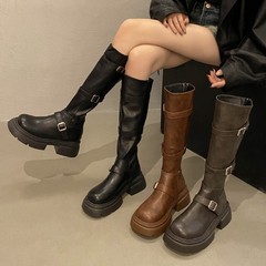 棕色长筒靴女2025秋冬新款厚底不过膝高筒骑士靴美拉德显瘦长靴子