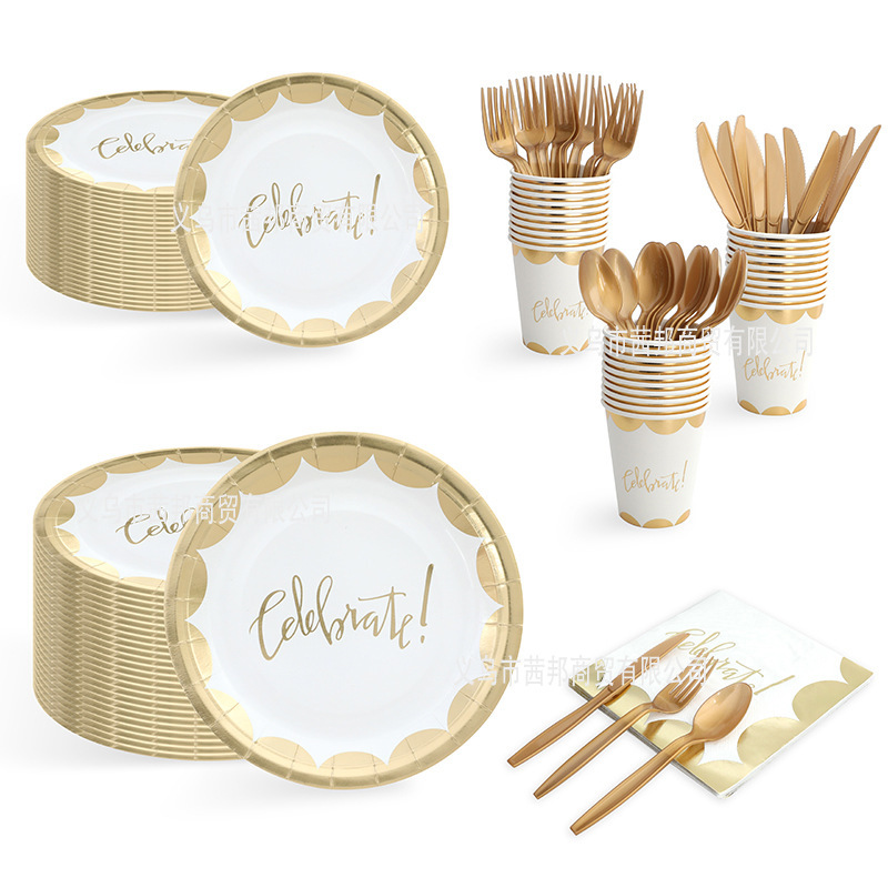 Spot disposable tableware party set gilded lace letters birthday 7 inch 9 inch cake paper plate paper cup paper towel