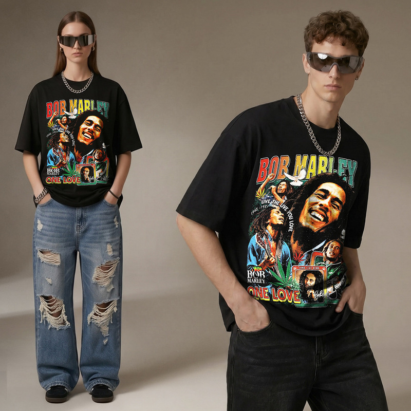 Bobmorley Bob Morley Printed T-Shirt Vintage Washed Loose Casual Short-Sleeve Versatile Ins Style Bobmorley Bob Morley Printed T-Shirt Vintage Washed Loose Casual Short-Sleeve Versatile Ins Style