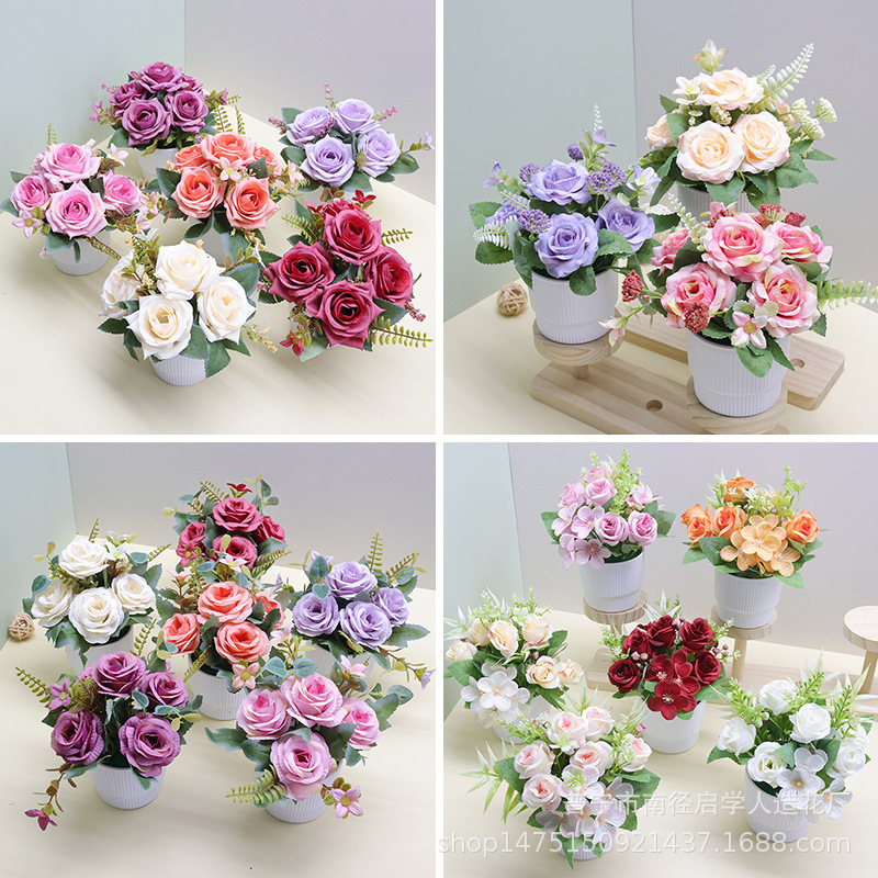Simulation rose suit combination home decoration office decoration small potted photography fake bonsai green plant wholesale