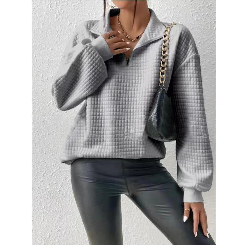 2023 de Europa y América otoño popular cómodo waffle color sólido stand collar cremallera manga larga costura suéter las mujeres