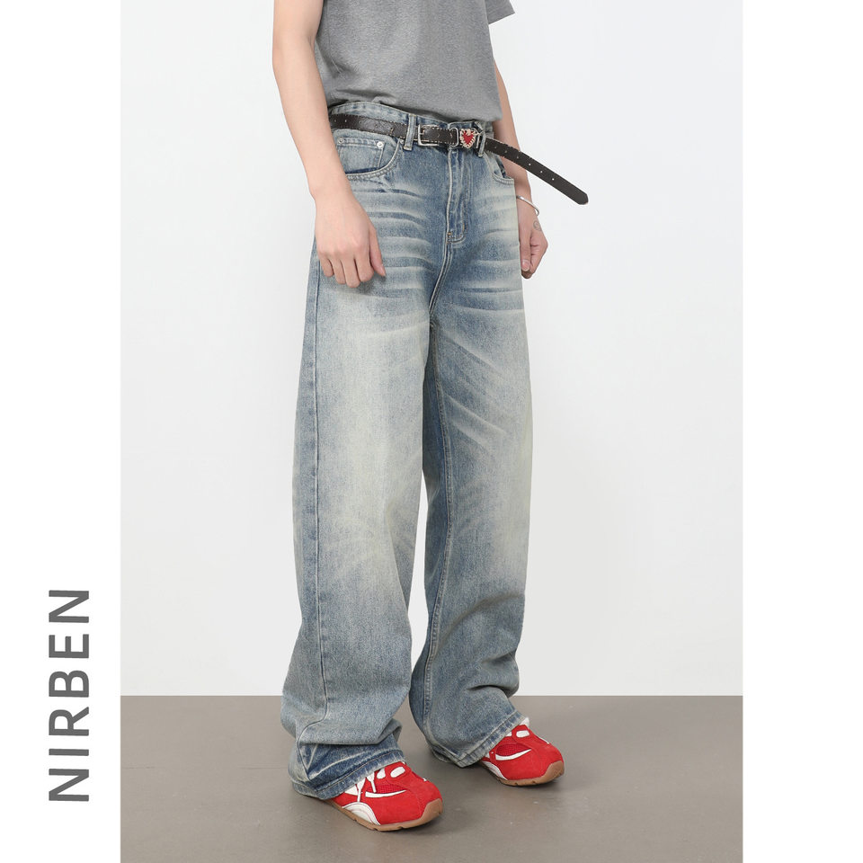 Quần jeans nam ống rộng dáng thẳng lưng giữa, phong cách retro, dài chấm gót — màu xanh