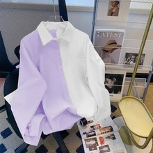 春季女装拼色衬衫女长袖韩版宽松中长款撞色上衣设计感学院风上衣