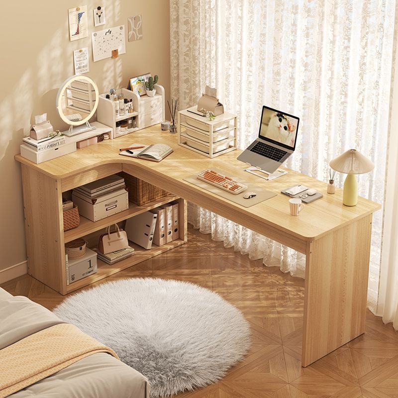 White minimalist corner desk for home use, bedroom computer desk, L-shaped with integrated bookshelf, suitable for student study and office storage White minimalist corner desk for home use, bedroom computer desk, L-shaped with integrated bookshelf, suitable for student study and office storage