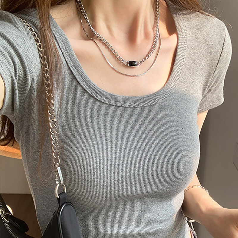 반팔 티셔츠 여성용 라운드 넥 여름 새로운 도착 스레드 간단한 올 매치 슬림 핏 핫 걸 스타일 어깨 우아한 탑