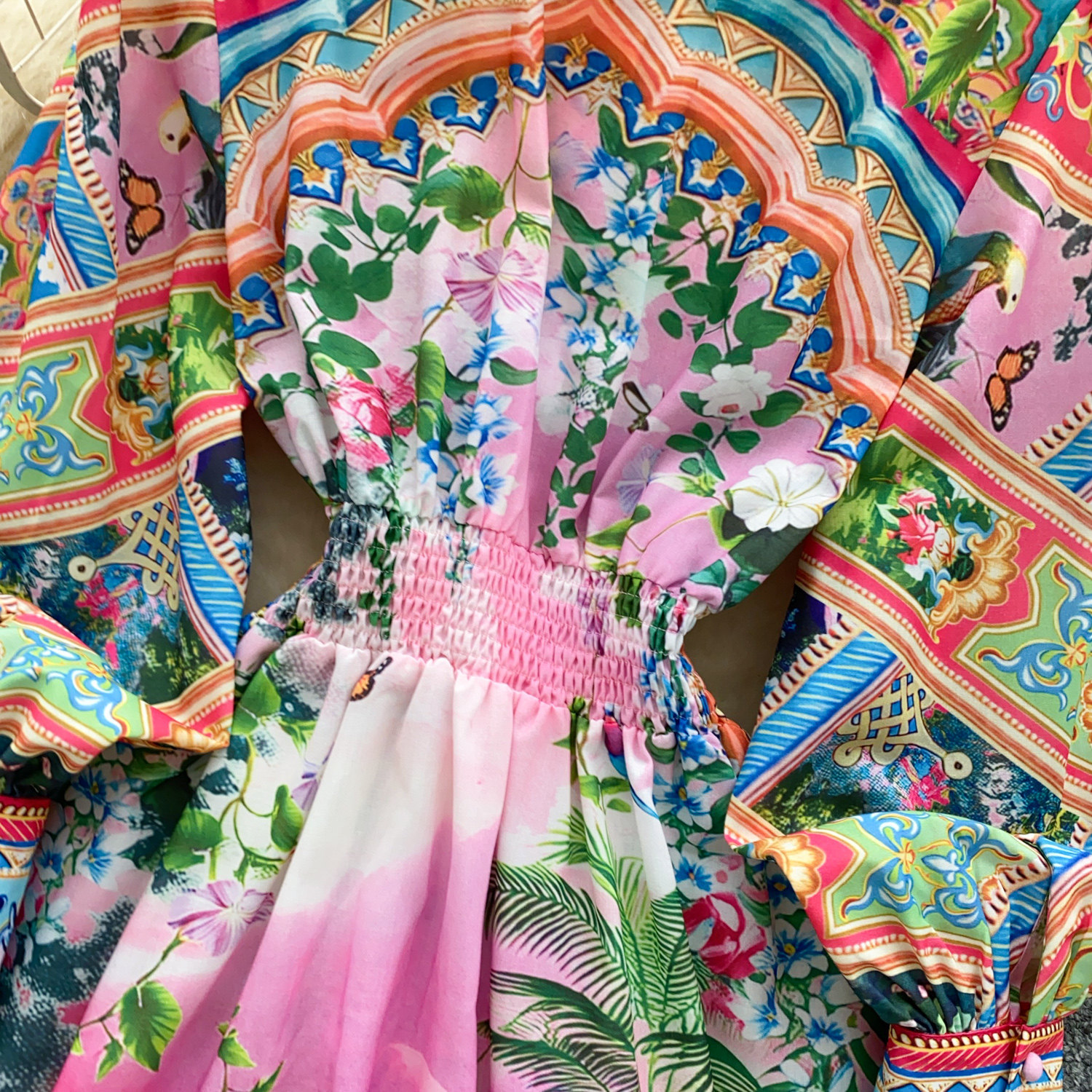 Women's Bohemian Print Dress Korean Style Long Sleeve Shirt Collar Tie Waist Cinching a Line Skirt for Vacation Summer_ecoleips.com