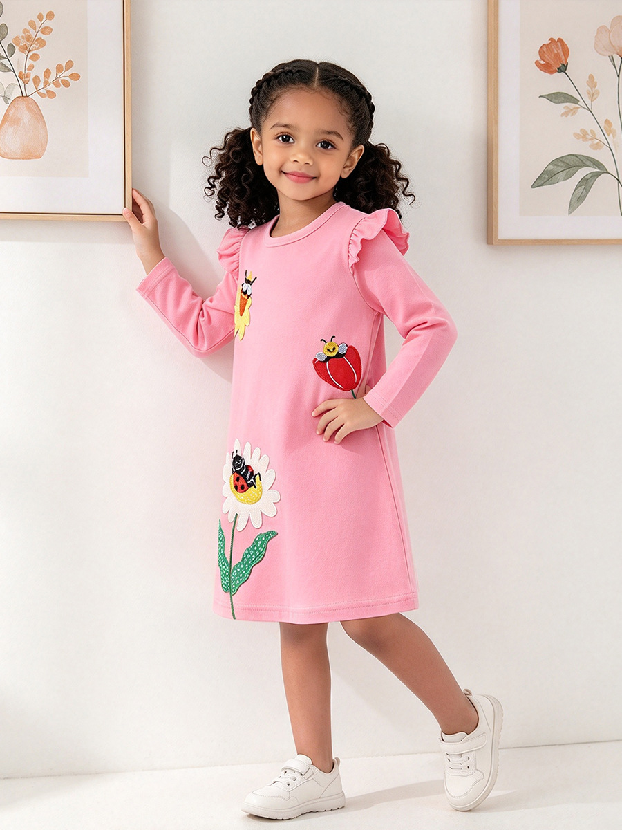 Vestido de Manga Larga con Mangas Volantes para Niña de Algodón Cuello Redondo para Otoño image 3