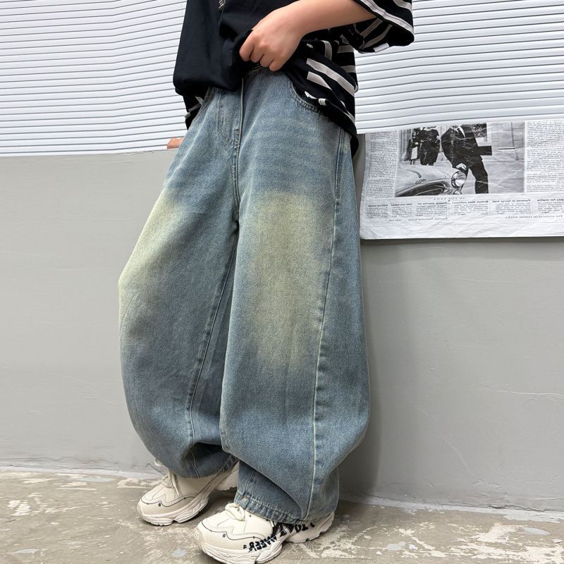 织里童装男童阔腿裤2026美式复古水洗牛仔裤男宽松阔腿弯刀裤休闲