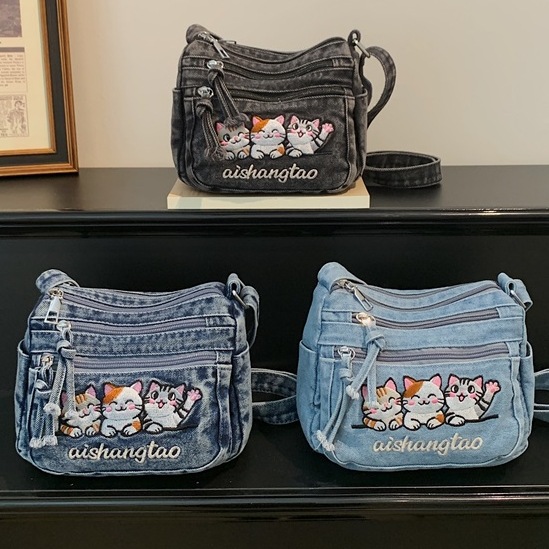 Cross-Border Cat Embroidery Single-Shoulder Denim Bag with Multiple Compartments, Vintage Casual Crossbody Bag, Versatile Trendy Handbag