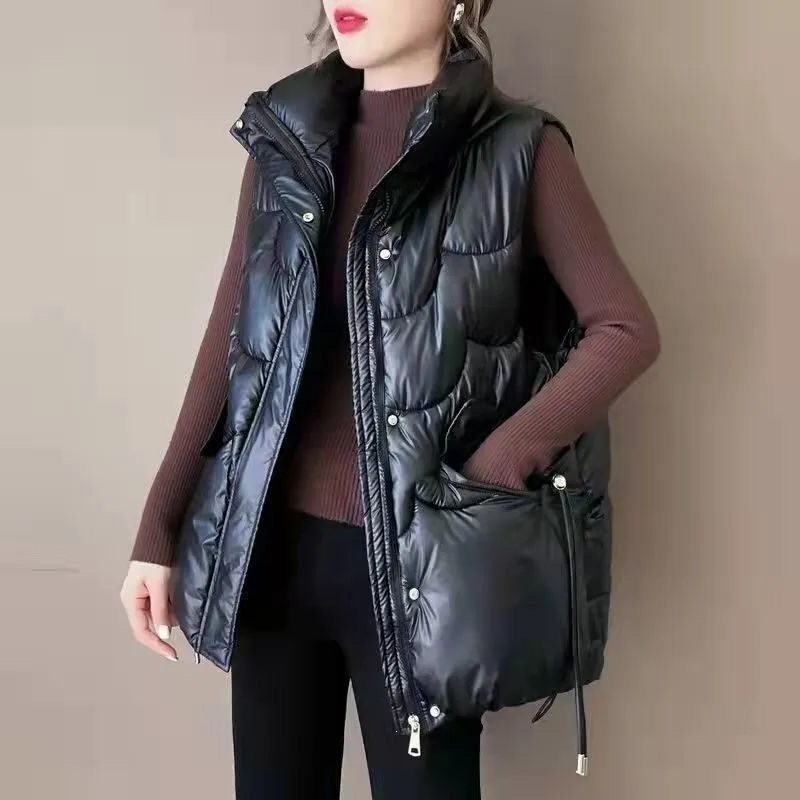 Off-season loose-fit plus-size shiny washable down cotton vest for women, 2025 autumn and winter large pocket vest jacket