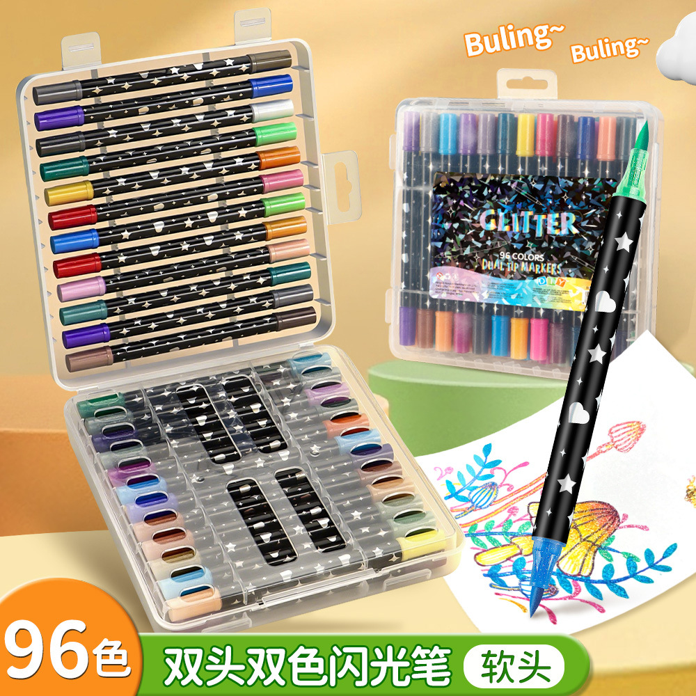 Marcador flash de dos colores de dos cabezas de venta caliente de Temu, bolígrafo flash de pintura de cabeza suave de bricolaje, bolígrafo de marcado clave para estudiantes