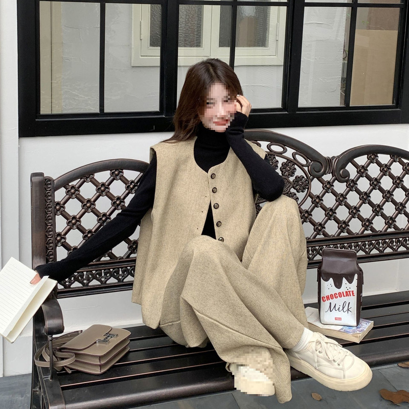 2025 Autumn Temperament New Korean Style Khaki Fragrance Vest Casual Suit Wide Leg Pants Two-Piece Set