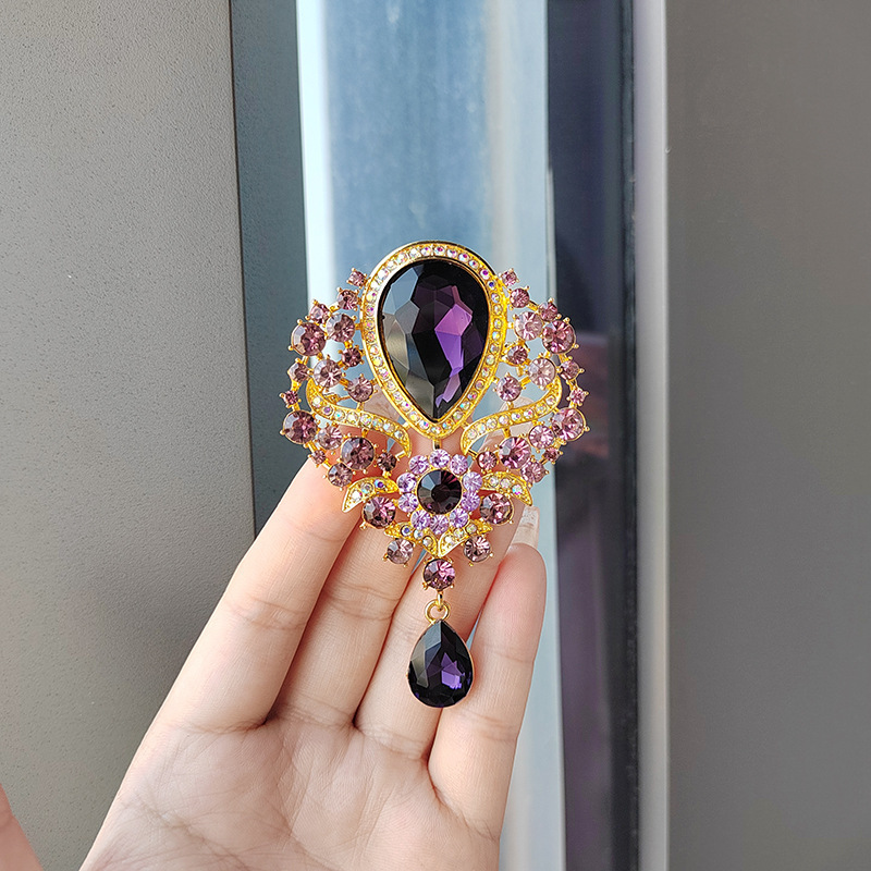 Retro popular gran gota de cristal colgante broche temperamento exagerado diamante broche accesorios joyas de ropa mujer image 8