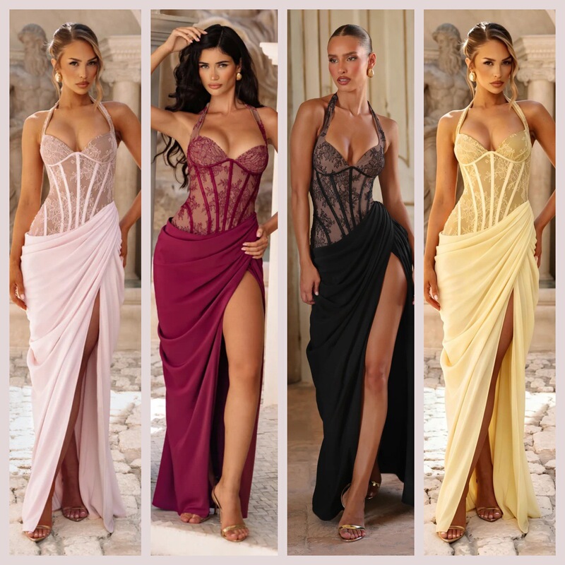 Solid Color Long Dress for Banquets and Parties, European and American Style Halter Neck Lace See-Through Waist-Cinching Slit Draped Evening Gown