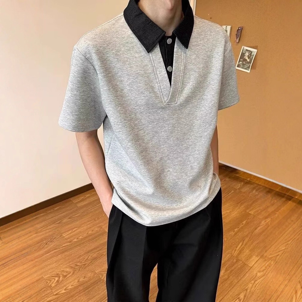 Fake Two-Piece Polo Collar Short-Sleeved Men's High-End Handsome Lapel Shirt T-Shirt Summer Cleanfit Right Shoulder Half-Sleeve