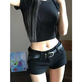 黑色高腰牛仔超短裤女2025夏季新款包臀热裤美式复古辣妹弹力裤子