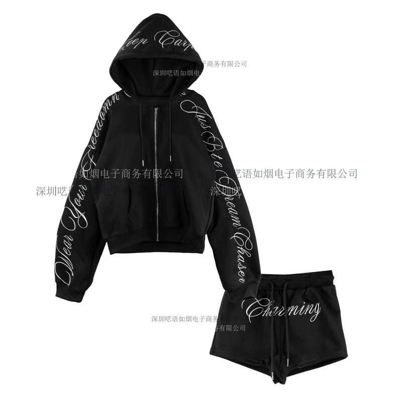 Ins European and American Cross-Border Foreign Trade Printed Zipper Sweatshirt Shorts Hot Girl Y2K Suit Long-Sleeved Pullover Hoodie Retro
