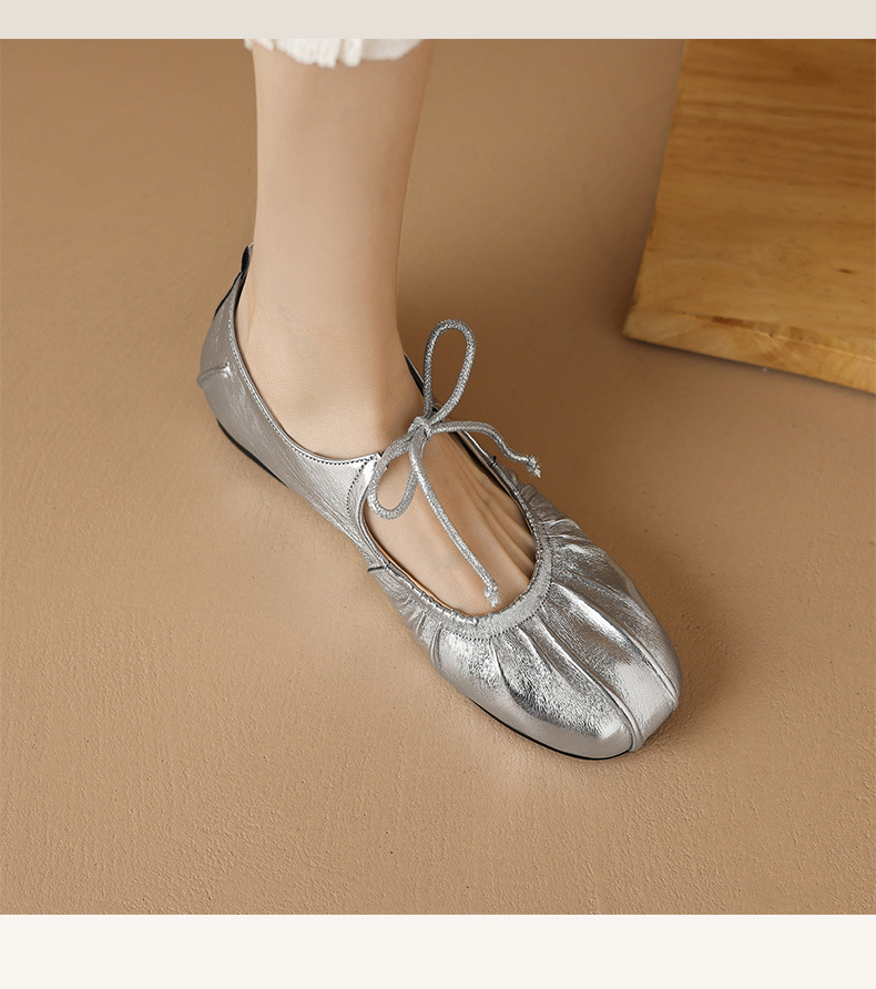 Giày ballet nữ da cừu mềm mũi tròn đế bệt xếp ly nơ buộc dây — Màu súng chi tiết 6
