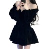 One line neckline long sleeved small black dress with waistband velvet short skirt， elegant dress