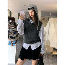 SROOM十三行全羊毛简约气质百搭针织衫背心女秋冬U领提花撞色毛衣