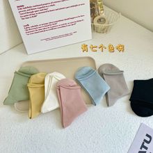 小袜岛春夏新品纯色素色卷边韩国中筒袜日系抽条多巴胺竹纤维女袜