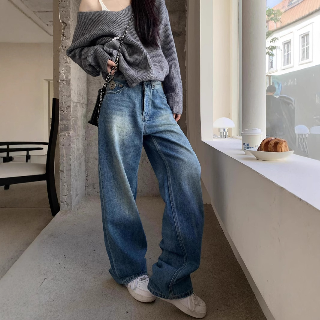 RHGD 진짜 샷  오프닝 신 바지로 장미  여자 느슨한 올매치 스태킹 유행 편안한 청바지