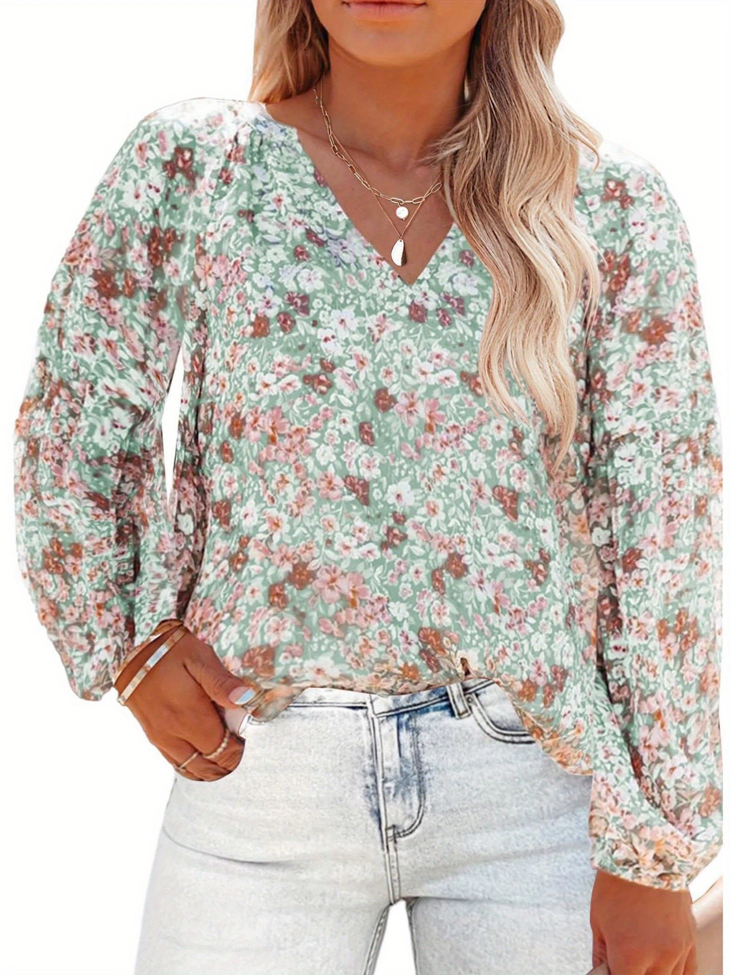 Женская блузка большого размера Boho с флористическим узором и V-образным вырезом, элегантная длинная, кросс-борт