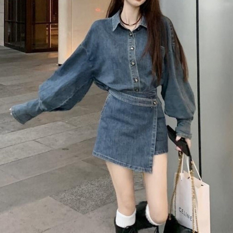 2024 Early Spring New American Style Retro Long-sleeved Denim Shirt Women's Irregular High Waist Slim-fit Skirt suit