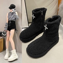 棉靴女加絨保暖毛毛靴2022冬季韓版新款側拉鏈圓頭平底短靴雪地靴