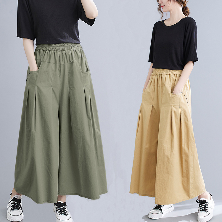 實拍2021大碼女裝胖妹妹休閑褲寬松顯瘦垂感闊腿褲夏季棉麻九分褲