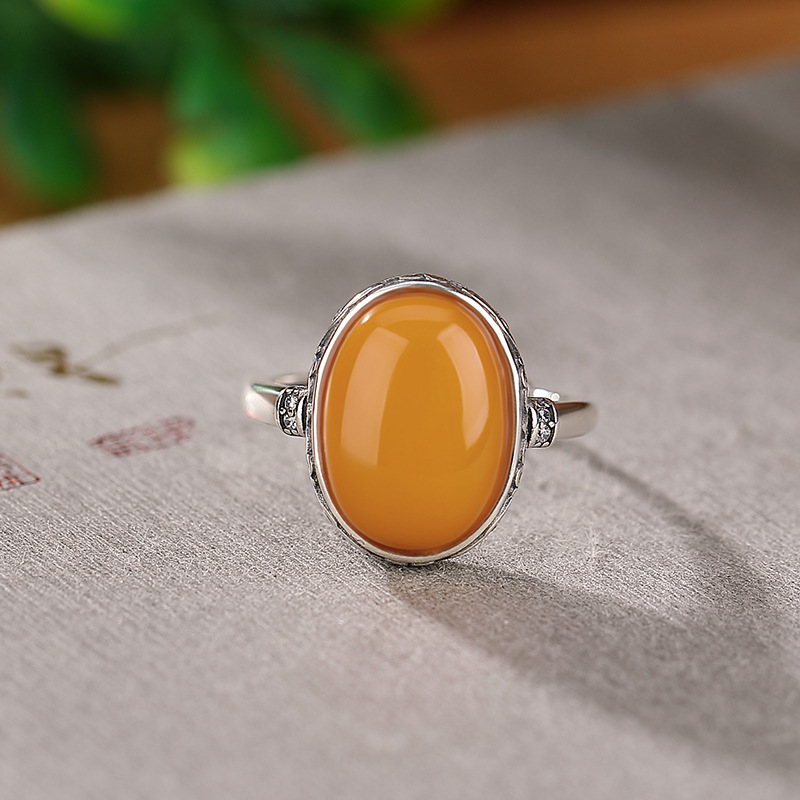 Nhẫn mặt trứng hoa văn sáp ong bạc nguyên chất S925 hình hươu — Mở (một kích thước)