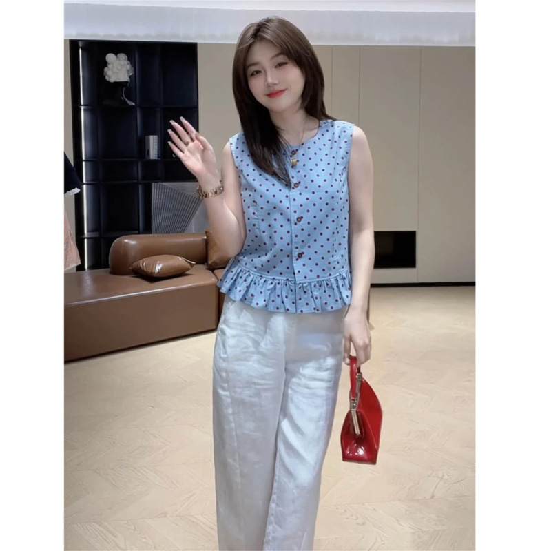 夏季时尚设计感穿搭女百搭波点圆领无袖上衣休闲阔腿裤两件套装潮|undefined