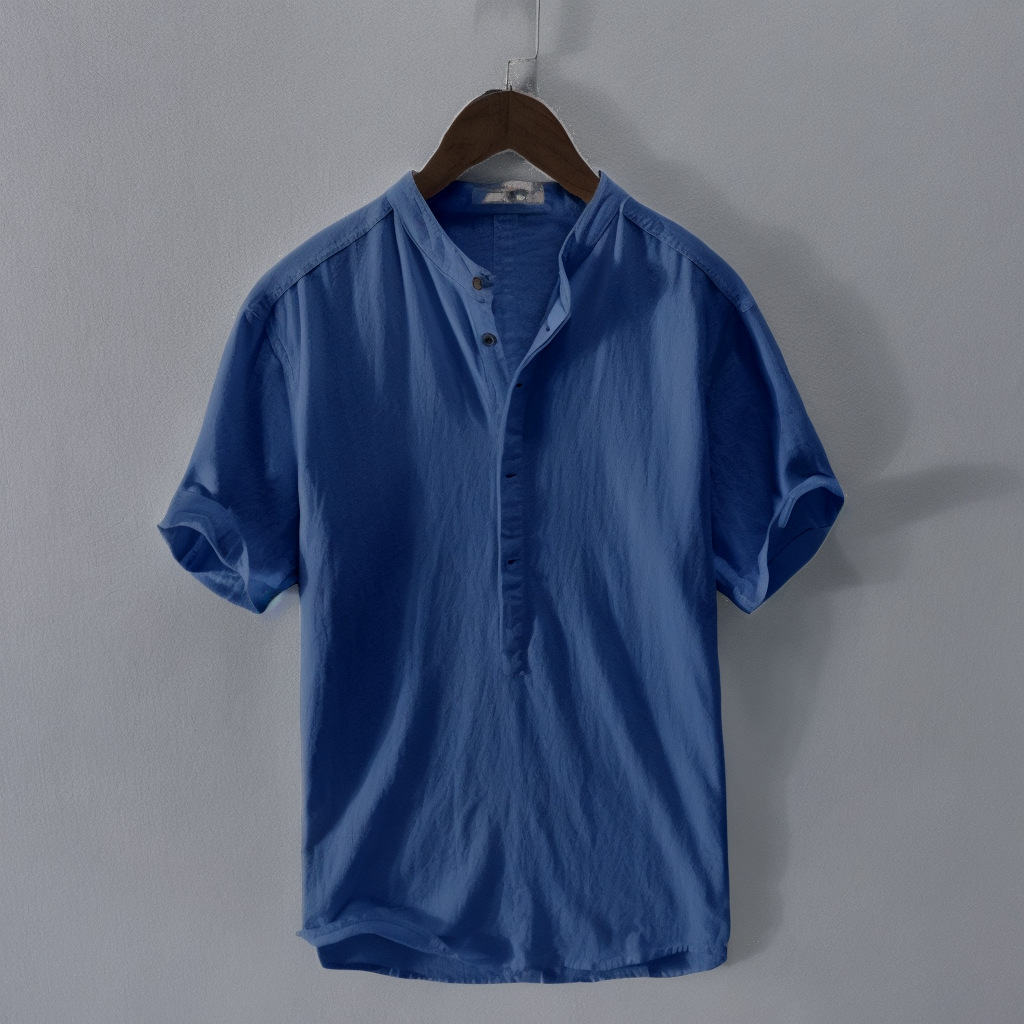 Breathable Linen Blend Short Sleeve Shirt For Men, Casual Summer Pullover Top With Comfort Fit_viptrois.com