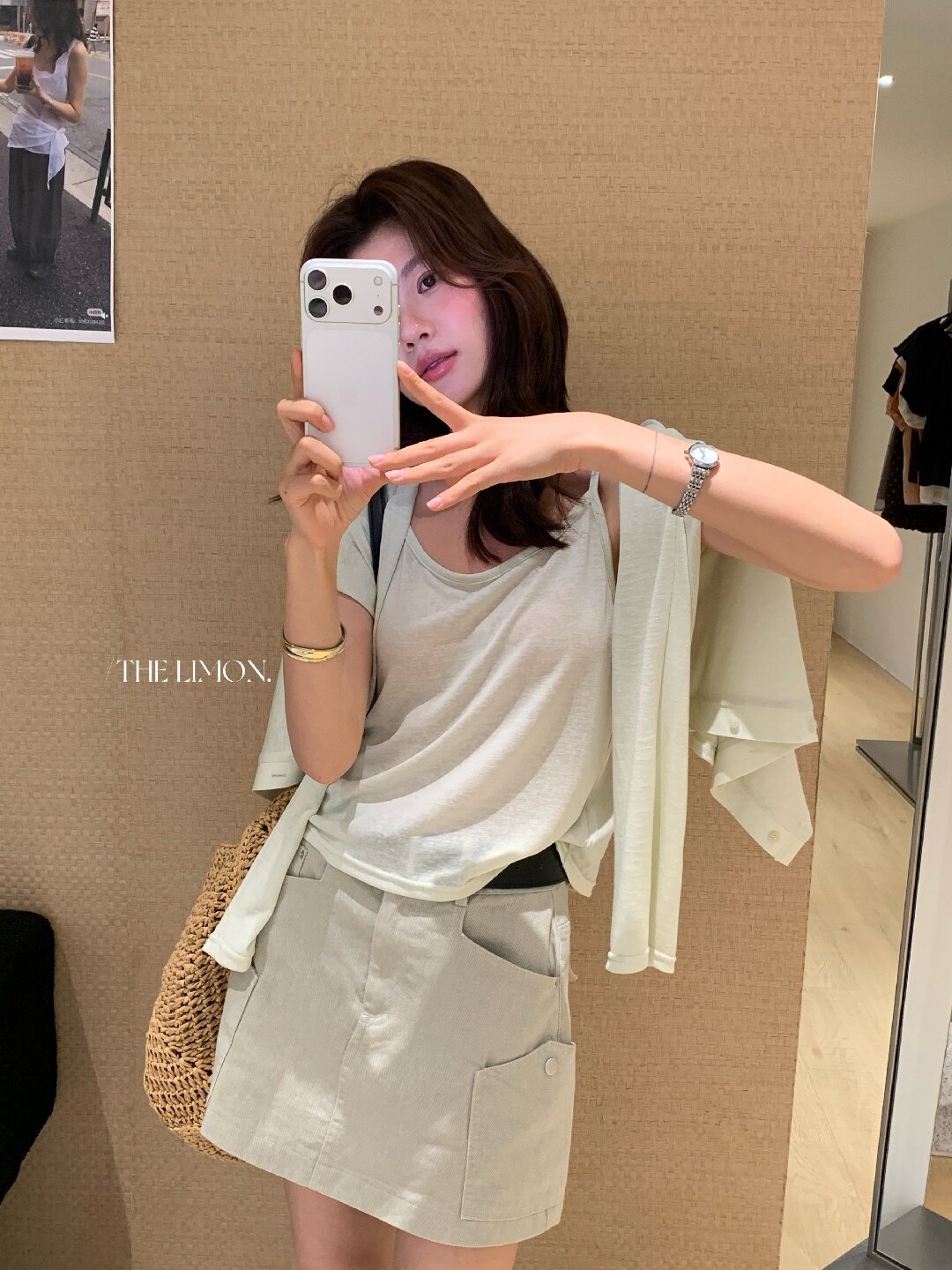 Bộ cardigan len mỏng kèm áo hai dây hai mảnh nữ mùa hè — Xám cacbon, xanh lam, màu hồng, Đậu xanh chi tiết 38