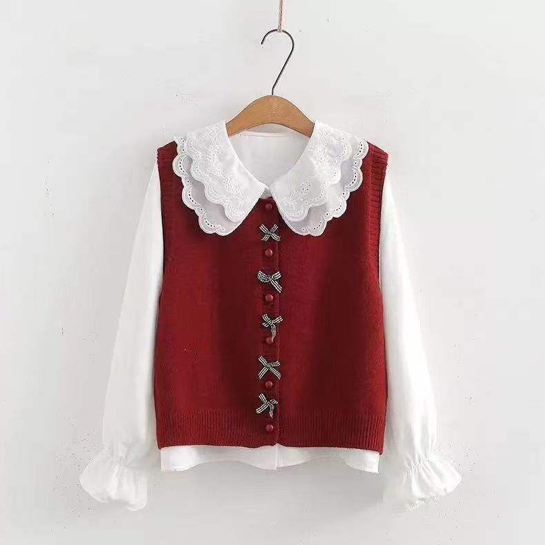 Korean-Style Doll Collar Shirt for Women 2025 New Model with 3D Bow Knitted Cardigan Vest Layered Sweet Sleeveless Top Trendy