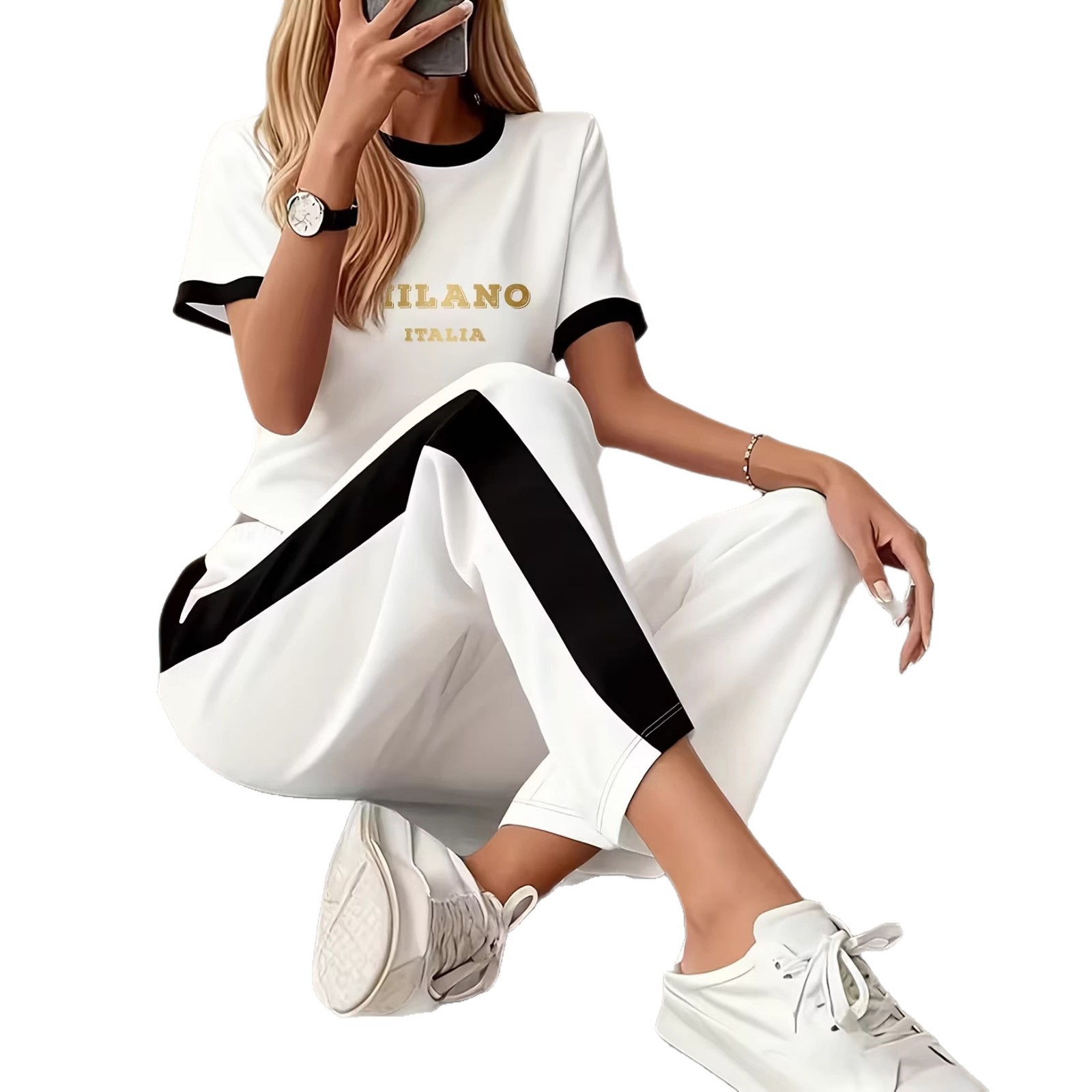 Women's Italian Style Commuter Short Sleeved Shirt And Shorts Set Loose Fit Gold Letter Print Two Piece Outfit_ecoleips.com