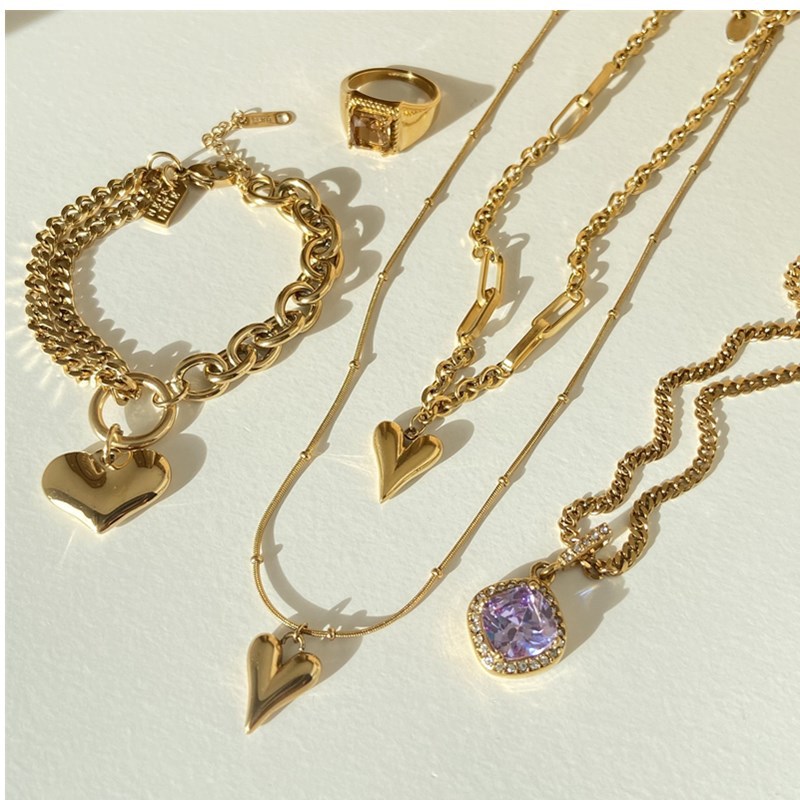 Fashion Heart Shape Copper Layered Necklaces Plating Artificial Rhinestones Copper Necklaces