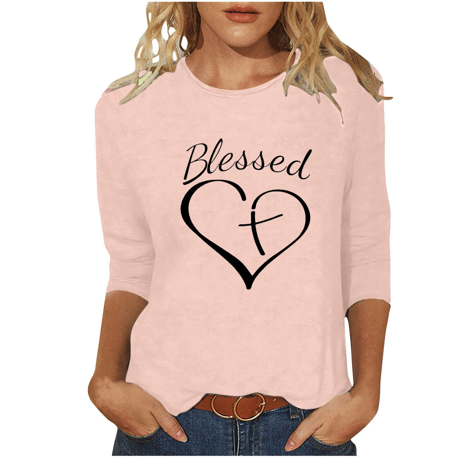 Women's T-shirt 3/4 Length Sleeve T-shirts Casual Basic Letter Heart Shape display picture 7