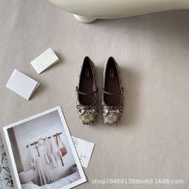 羊皮版～法式马衔扣蝴蝶结平底芭蕾单鞋女新款方头猪鼻子玛丽珍鞋