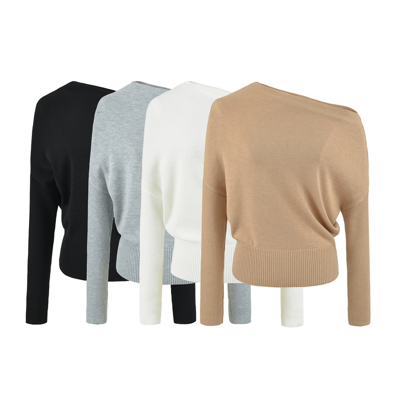 Relaxed and stylish off-shoulder knit top for women, autumn loose-fitting design with unique off-shoulder detail, trendy pullover top that flatters the figure