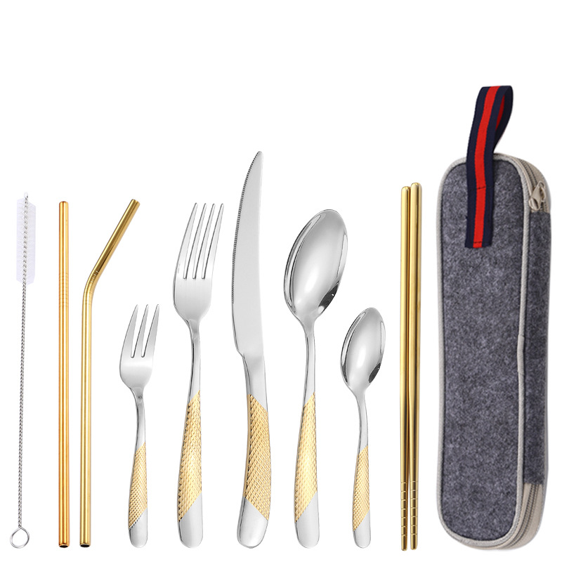 Diamante estrella cuatro piezas principales transfronterizo cuchillo, tenedor y cuchara de paja 9 piezas traje de paja de acero inoxidable directo de fábrica
