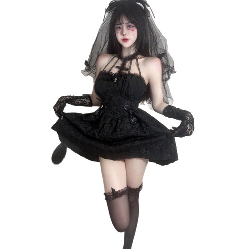 Women's clothing, European and American dark Gothic Halloween costume, women's black dress, long dress, sexy female witch costume