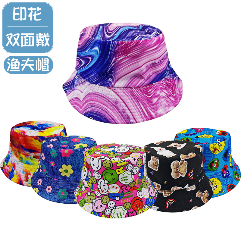 跨境双面戴渔夫帽男女春夏户外休闲百搭遮阳防晒帽潮韩版印花盆帽