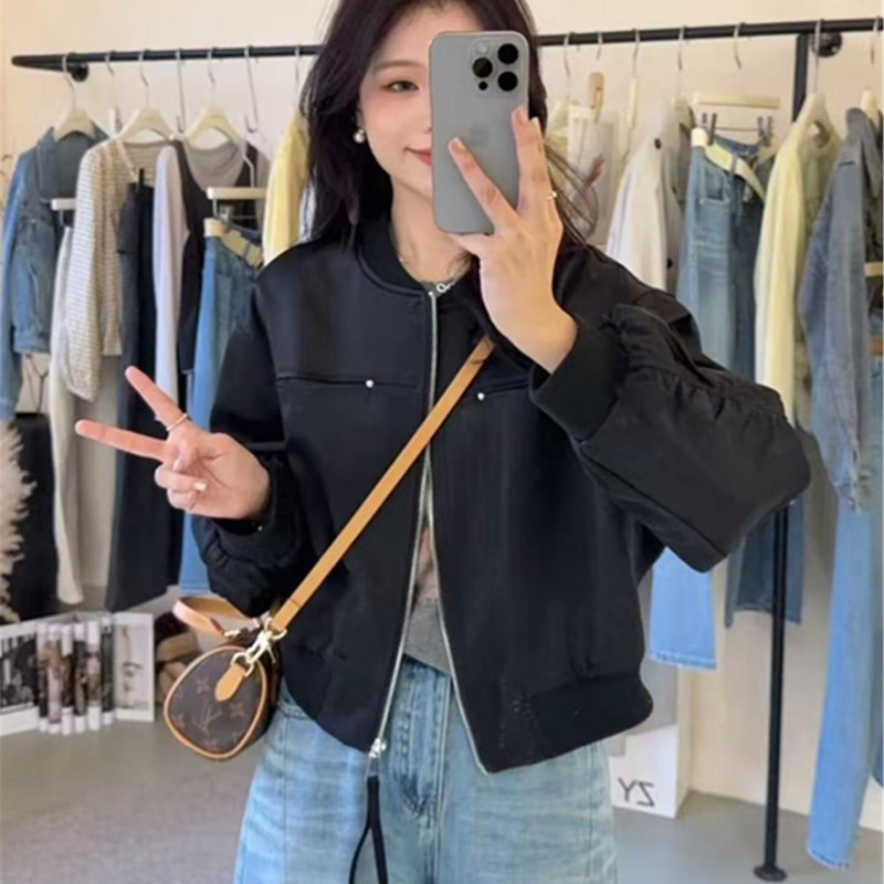 Versatile Satin Casual Style Stand-Collar Short Jacket for Women, Loose Fit, Slimming Zipper Jacket, Versatile Baseball Jacket, Short Top