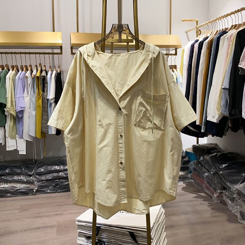 Large Size Hooded Solid Color Shirt with Short Sleeves and Buttons, New Design, Korean Style Casual Summer Loose-Fitting Top Jacket