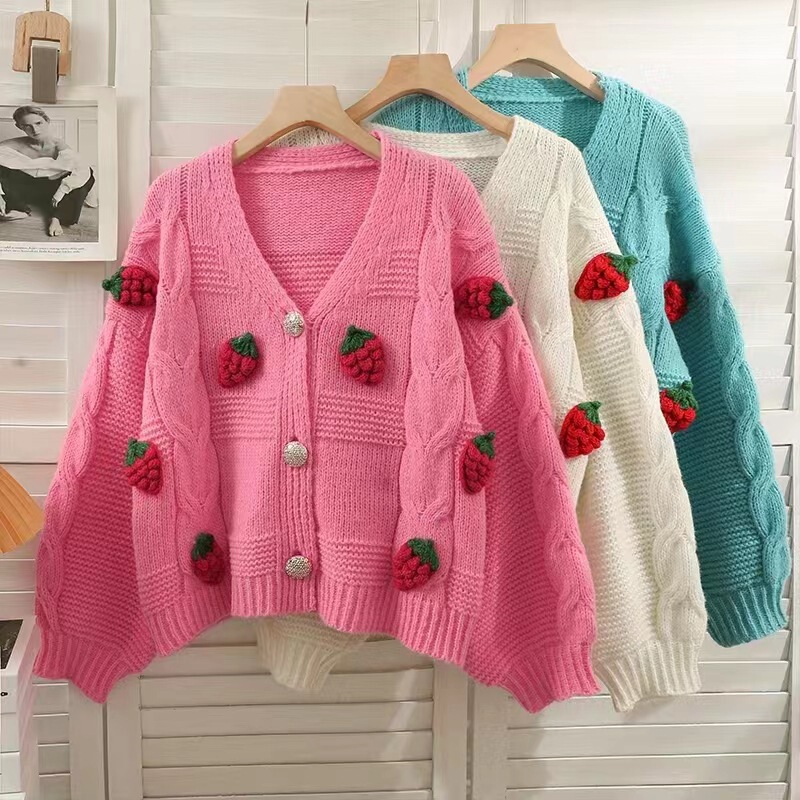 2023 Korean Style Strawberry Three-dimensional Crochet Long-sleeved Jacket Knitted Cardigan Women's Coarse Wool Autumn New Embroidered Strawberry