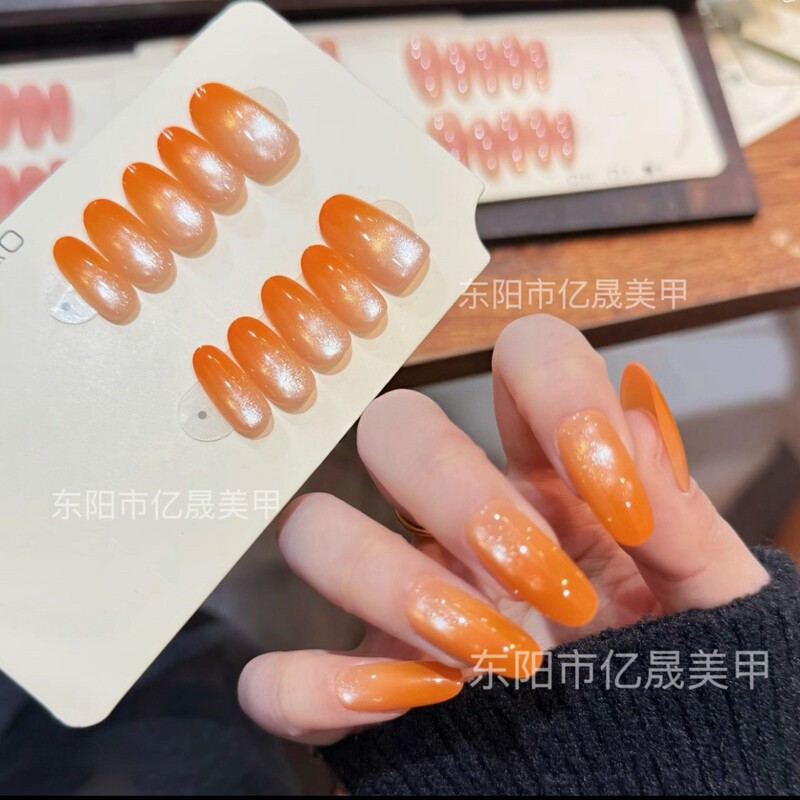 [Fanta Orange] Flashing Glass Bead Nail Polish Cat Eye Gel Spray Nail Tips Pre-Made Wearable Nail Art Medium Length Style