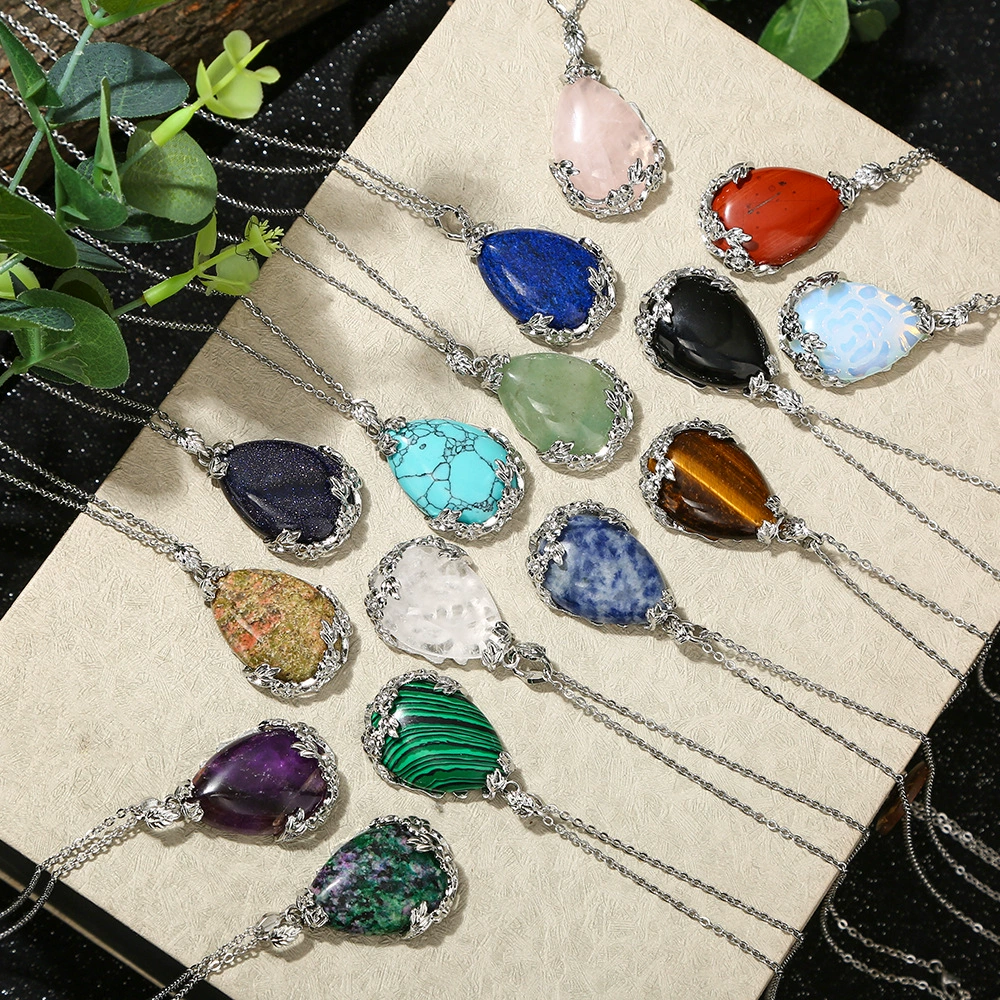 Ювелирные изделия Zhuhang, трансграничные популярные подвески из натурального камня, красный, зеленый сапфир, синий узор, цветочный кластер, ожерелье, производитель ювелирных изделий, оптовая продажа